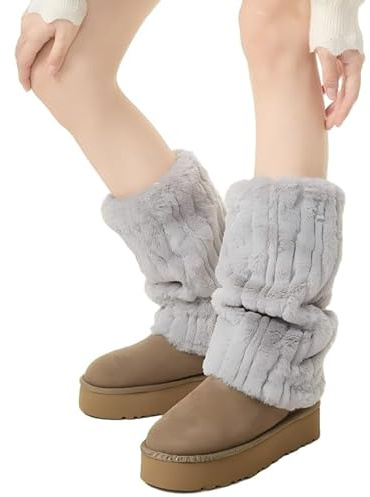Wsvpeto Womens Fur Leg Warmers Y2k Kawaii Cute Boot Socks Fuzzy Grey Leg Warmers for Girls Lolita Furry Cover Sleeves