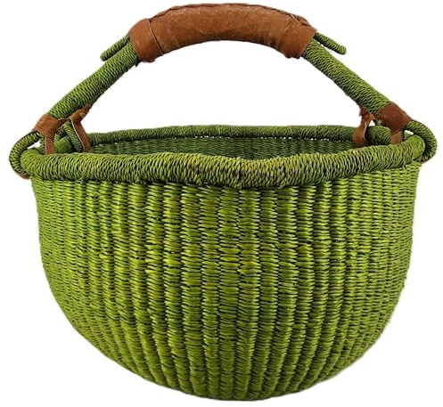 Medium Rund Bolga-Korg ca Ø 30 x 30 cm – Handgjord i Ghana – Fair Trade – Shoppingkorg med Läderhandtag – Grön