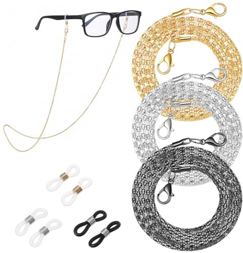 Ouligay 3 stycken rostfritt stål glasögonkedja dam guld silver svart glas kedja fashionabla glasögonband glasögonkedjor tunna glasögon kedja glasögonband ögonhalsband för glasögon glasögon glasögon
