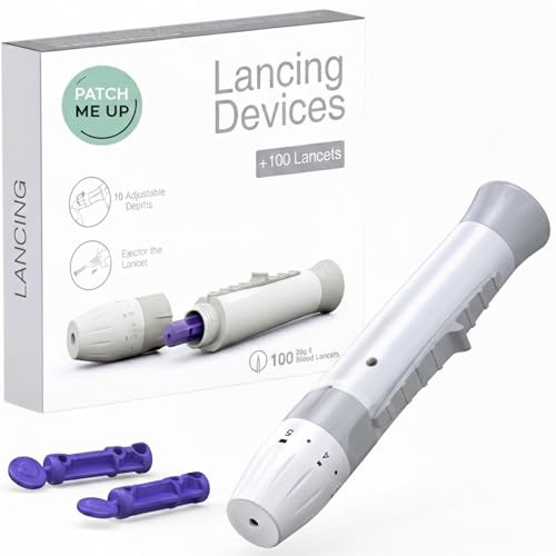 Patch Me Up Kit Lancetas 28G (100 Uds) + Dispositivo de Punción Lancetero 10 Niveles Ajustables Compatible Universal