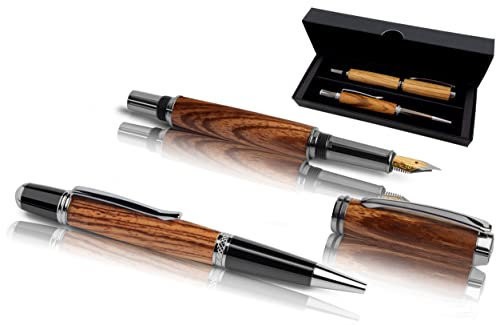 Handgefertigtes Schreibset aus Echtholz | Geschenkset mit Füller & Kugelschreiber aus Edel Holz im Etui | Exklusives Business Geschenk Set für Mitarbeiter & Kunden (Zebrano)