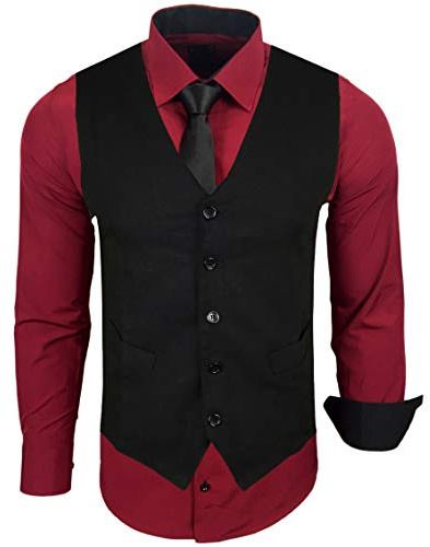 Baxboy Herren Hemd mit Weste Krawatte Anzugs Sakko Business Hochzeit Freizeit Hemden Frack Herrenweste Set wählbar B-44-HWKR, Farbe:Bordo, Größe:XXL
