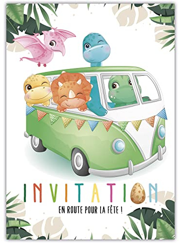 Lola et Louis (L&L) 10 cartes invitation anniversaire en Français • 10 enveloppes • Thèmes Dinosaures, Tropical, Dinos Combi • Cartons pour inviter filles et garçons