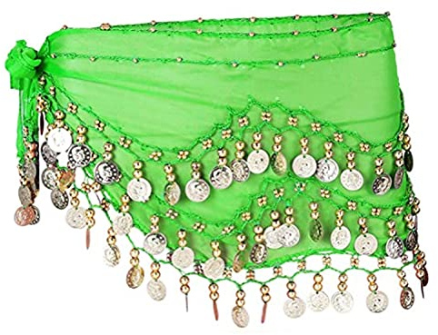 SamHeng Damen Bauchtanz Gürtel Chiffon Hüfttuch mit 128 Münzen für Mädchen Frau für Performance Kostüm und Yoga Kurs