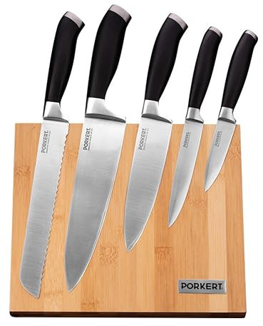 Porkert Eduard Küchenmesserset mit magnetischem Messerblock aus Bambus, 5-teiliges Messerset mit ergonomisch geformten Griff und scharfen Klingen aus rostfreiem, deutschem Edelstahl