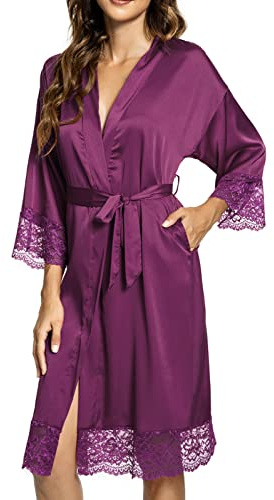 Tuopuda Dam Elegant Kimono Pyjamas Kort Spets Satin Nattlinne Med Bälte V-Ringning Nattklänning Nattkläder Nattklänning Badrockar För Brud Bröllop/Fest, Lila, XL