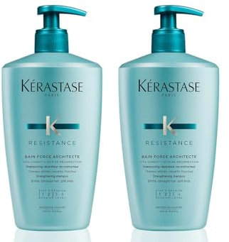Kérastase Shampoo für geschädigtes und strapaziertes Haar, Regenerierendes und stärkendes Haarbad, Bain Force Architecte, Résistance, 2 x 500 ml