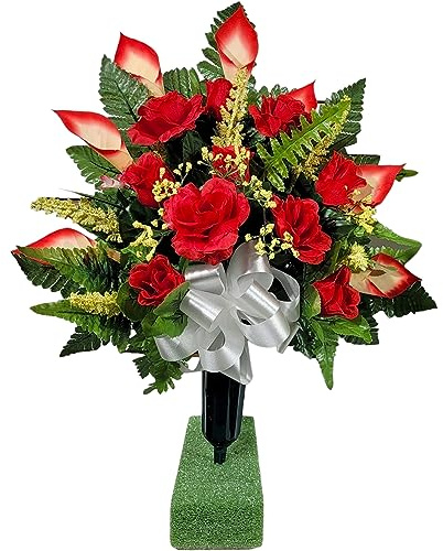 Realistic Artificial Cemetery Flowers - Silk Faux Floral Red Rose and Calla Lily Bouquet for Grave - Headstone Decoration - Memorial Flowers