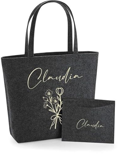 AWASG Filztasche Damen-Tasche mit kleinem Etui - Bedruckt und Personalisiert mit Blumen floral und Name - Shopper Geschenk Danke-schön für Sie