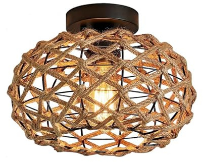 LIGKIN Lámpara de Techo Ratán Industrial Colgante Vintage E27 Retro Con Pantalla de Metal y Cuerda de Cáñamo - Iluminación Para Salón, Comedor, Dormitorio