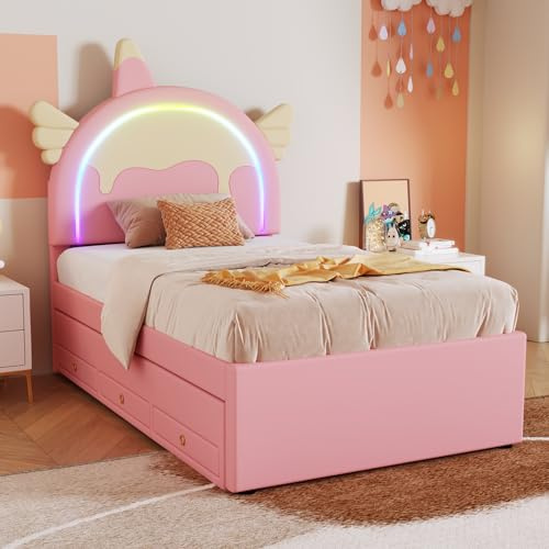 Moimhear 90 * 200cm Cartoon Kinderbett, Einhornform, ausgestattet mit ausziehbares rollbett, PU-Material, rosa
