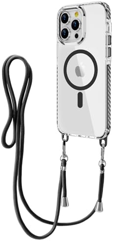 Emlivi Magnetisch Handykette Hülle für iPhone 13 mit Band,Necklace Handyhülle mit Mag-Safe Transparent TPU Acryl Case Cover mit Kordel Verstellbarer Lanyard Schutzhülle für iPhone 13, Schwarz