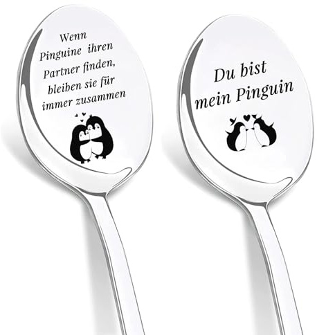 DIKARIYA Regalo di anniversario per lui e per lei, 2 cucchiaini da caffè con incisione, pinguino, regalo per donne e uomini, regalo di nozze per sposi, anniversario di matrimonio, regalo per partner