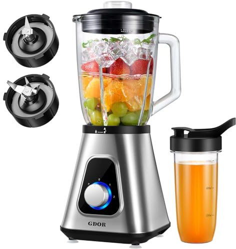 GDOR Mixeur en verre 1200 W 2 en 1 avec pichet en verre de 1,5 l et gobelet de voyage de 650 ml - 3 vitesses - Mixeur professionnel pour smoothies, shakes, boissons glacées, sauces