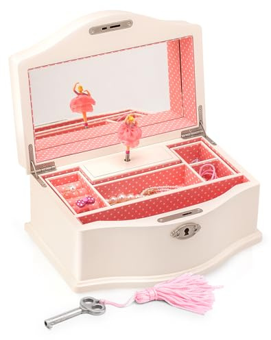 Art Lins Elle Ballerina Music Jewelry Box with Lock, Wooden Keepsake Box with Wind Up Music Swan Lake, Large (White)
