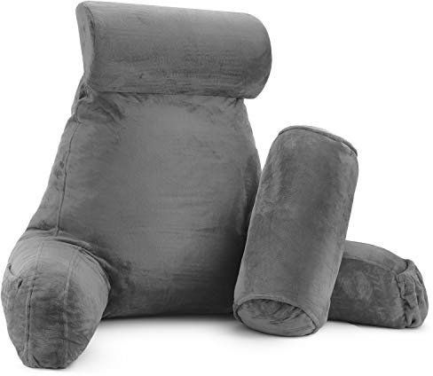 Clara Clark Reading Pillow, Back Rest Pillow for Sitting in Bed with Arms for Kids & Adults - Premium Shredded Memory Foam TV Sit Up Pillow - Large, Gray