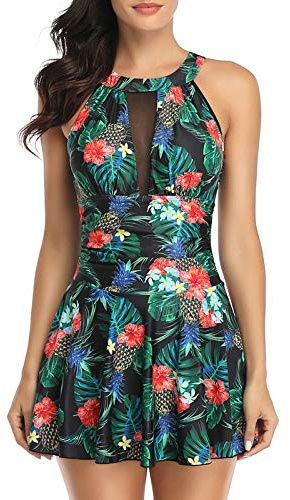 FLYILY Maillot de Bain 1 Pièce avec Jupette Maillot Une Pièce Robe de Plage Amincissante Rembourré Vintage Ruched Abdominal Contrôle(Pineapple,XL)