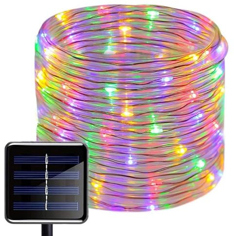 ZVO Cadena de Luces Tira LED Solar Exterior, 10m 100 LEDs Solar Guirnalda Manguera, 8 Modos Iluminación PVC Cuerda Impermeable para Arbol Navidad Fiestas Bodas Jardín Casa(Multicolor)