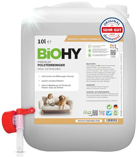 BiOHY Nettoyant premium pour tissus d'ameublement (Bidon de 10l) + Robinet | Bio concentré pour meubles rembourrés, canapés, tapis & textiles | détachant désodorisant (Premium Polster)