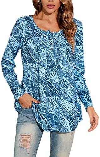 Enmain Damtunika, skjorta, långärmad tunika, långtröja damer, stora storlekar, V-ringad, långblus, skjorta, ledig, elegant tunika, toppar med knappar, paisley-blommor, t-shirt damer, S–3XL, blå, L