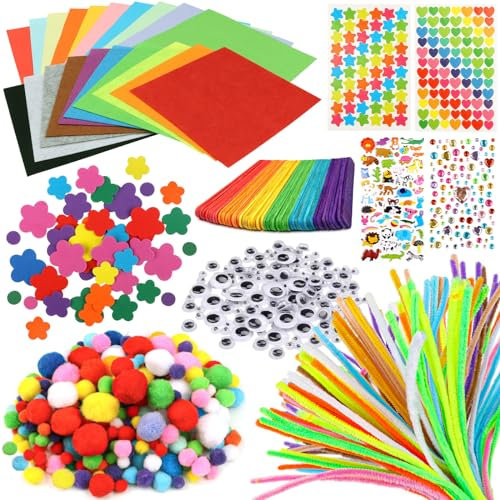 DOITEM Pfeifenreiniger Craft Supplies, 800+ Pcs Bastelset Kinder Inklusive Pfeifenreiniger Wiggle Googly Eyes Pom Poms SticksBastelbedarf für Kinder Scrapbooking