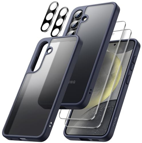 JETech 5 in 1 Matte Case for Samsung Galaxy S24 5G with 2-Pack Screen Protector and Camera Lens Protector, Translucent Back Protective Phone Cover, Tempered Glass Film (Dark Blue)