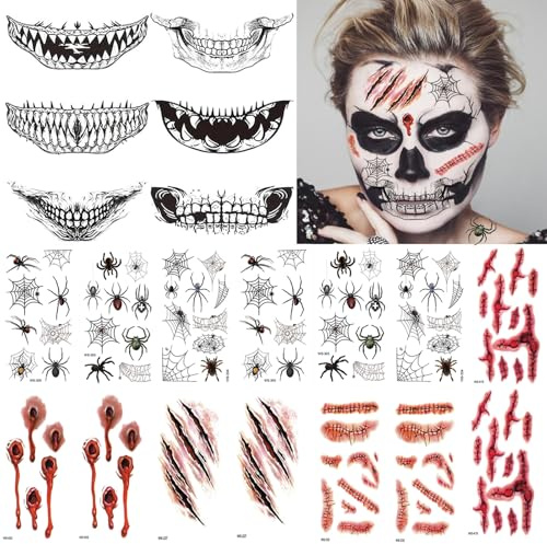 EIKEJI Halloween Tattoo,6 Halloween Mund Tattoo+8 Narben Tattoos+6 Spinnen Tattoos, Realistische Aufkleber Halloween Gesichtstattoo Horror, Halloween Kostüm Vampir Herren Gruselig Zombie Wunden Scars