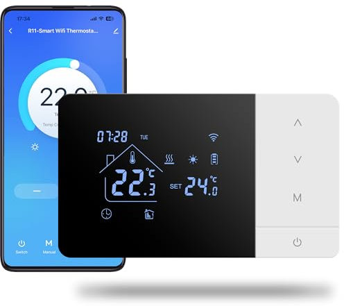 Thermostat WiFi pour Chaudière gaz 3A,Beok Thermostat Mural 2 Fils à Piles,Alimentation par Batterie ou USB,Programmable Compatible avec Alexa et Google Home, Commande Vocale et Contrôle à Distance