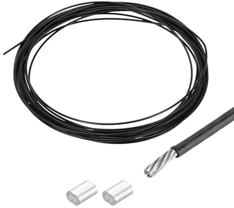 QUARKZMAN 16 Pies (5 M) Cable De Acero Inoxidable 304 1/24 (1 Mm) Recubierto De Vinilo Con 2pcs De Manguitos De Aluminio Para Colgar, Tendales, Elevación Negro