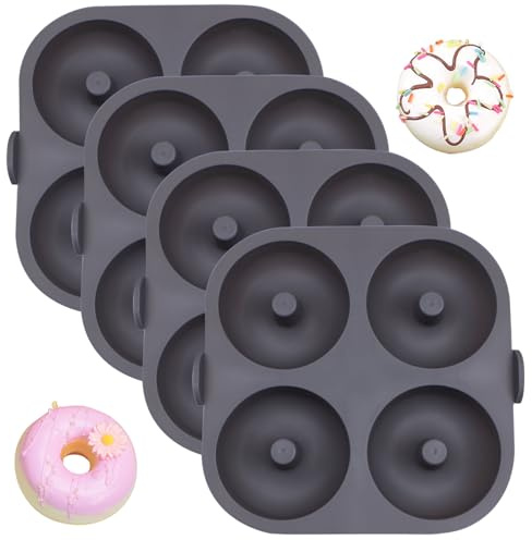 Butabeishy Silikon Donut Backform Set, 4 Stück, 4 Donuts pro Form, 21x20 cm, Grau