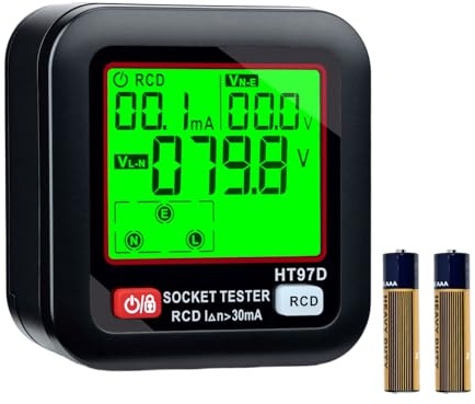 Wigearss Steckdosentester, Steckdosenprüfer mit RCD-Prüfung und LCD-Voltage-Display, 6 Arten von Fehlerdiagnose, Leckspannungs und Stromanzeige, FI Test, 30-260V/45-65Hz