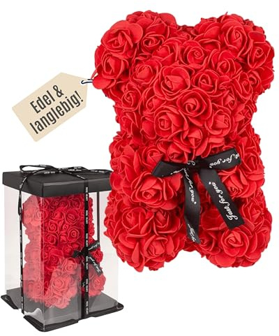 Out of the blue Rosenbär - romantischer Teddy Bär aus Kunstrosen mit den Maßen 25x16x16 cm - Geschenkidee zum Valentinstag, Geburtstag & Jahrestag inkl. Geschenkbox