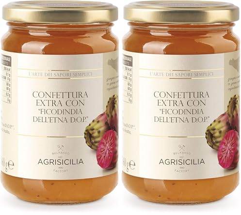 Agrisicilia Confettura extra con Ficodindia dell'Etna D.O.P. con frutta di alta qualità e lavorazione artigianale vasetto da 360 grammi ideale per colazione e merenda (Confezione da 2)