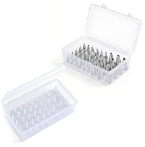 2 Pieces Piping Tips Storage Box with 42 Fixed Pins, Piping Tip Organizer Box, Cake Decorating Nozzles Storage Case Container for Baking Tool Home Bakers (Clear)