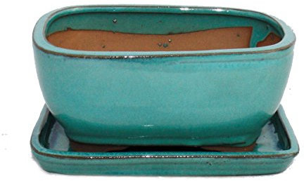 Exotenherz - Bonsai-Schale mit Unterteller Gr. 2 - Sonderglasur türkis - oval - Modell G92 - L 15,5cm - B 12,5cm - H 7cm