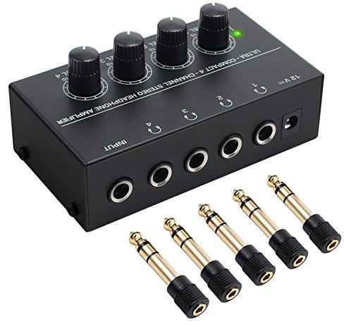 Neoteck 4 Kanäle Kopfhörer Verstärker hochkompakt Stereo-Kopfhörerverstärker mit 5 Stück 6.3mm (1/4 inch) zu 3.5mm (1/8 inch) Adapters und Netzteil