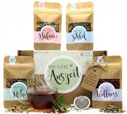 OWLBOOK® Tee Geschenkset Auszeit mit 4 Teesorten | Entspannung Wellness Geschenke für Frauen als Geburtstagsgeschenk Valentinstagsgeschenke | Mama Geschenke Geburtstag Muttertag Valentinstag | Teebox