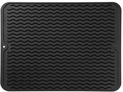 MicoYang Silicone Dish Drying Mat for Multiple Usage,Easy clean,Eco-friendly,Heat-resistant Silicone Mat for Kitchen Counter or Sink,Refrigerator or drawer liner Black L 16 inches x 12 inches