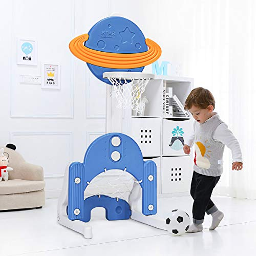 COSTWAY Basketball Hoop Set, 3 in 1 Sports Activity Center with Basketball, Soccer Ball & Golf Set, Height Adjustable Basketball Stand Best Gift for Baby Toddler (Blue Planet)