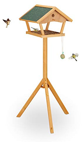 Relaxdays Mangiatoia per Uccelli con Supporto, Casetta con Tetto Resistente alle Intemperie, Casa Legno, Naturale/Verde