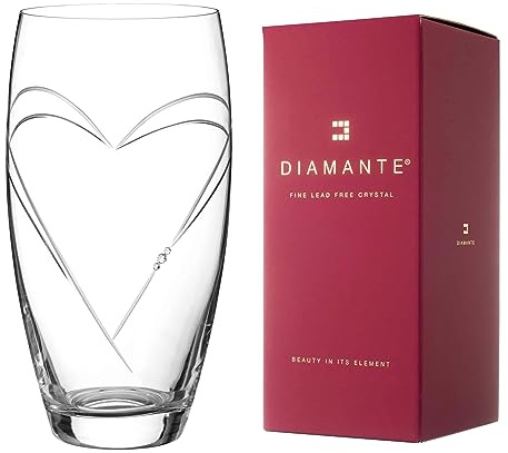 DIAMANTE Heart in Heart Large Hand Cut Crystal Barrel Vase with Swarovski Crystals - 26cm in gift box