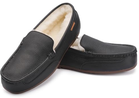 Parfeying Men's Indoor Outdoor Sheepskin Moccasins Slippers Memory Foam Driving Style Shoes,M21185 Black 9US