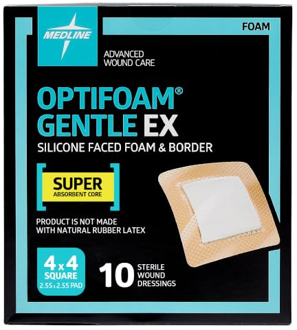Medline Optifoam Gentle EX Bordered Foam Adhesive Dressing, 4 x 4 Square (10 Count)