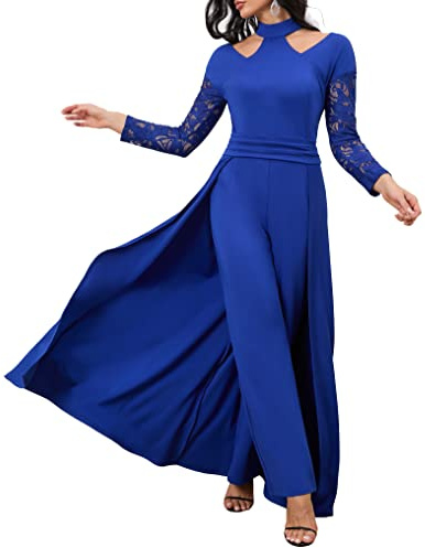 IWFEV Langarm Einfarbig Spitze Party Volle Länge Hohe Taille Damen Patchwork Overlay Jumpsuit, blau, XX-Large