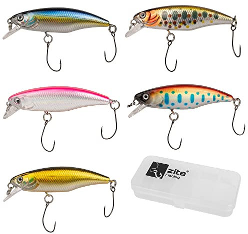 Zite Fishing Forellenwobbler-Set 5,2cm – 5 UL Forellenköder Barsch Angelköder – Langsam Sinkende Trout Spoon Alternative mit Köder-Box, Forellen Köder, Angelköder Forelle, Angelköder-für Forellen