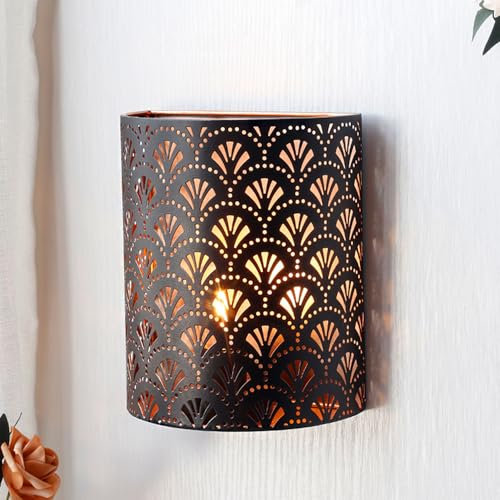 NEWIMAGE Batteriebetriebene Lampe 20 cm H Wandleuchte Beleuchtung Metall Tischlampe Rustikale Wandhalterung mit 6-Stunden-Timer Wanddekoration für Draußen Wohnzimmer Schlafzimmer (Braun Flabellum)