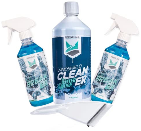Autoscheiben Enteiser Bundle | 1x Foxed Care Windshield Cleaner Frostschutz 1L + 2x FoxedCare Ice Breaker 0,5L + Eiskratzer | Auto Scheiben Enteiserspray, Eislöser Set für klare Sicht im Winter