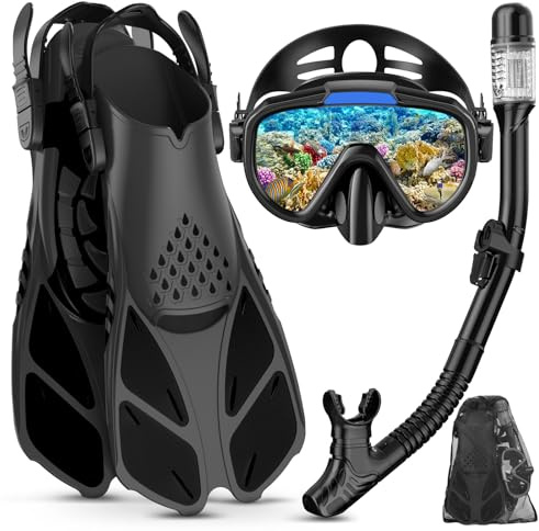 Lealinga Snorkel Set Adult with Flippers, Anti-Fog Diving Set, Dry Snorkel, Adjustable Flippers, Snorkelling Packages for Men and Women