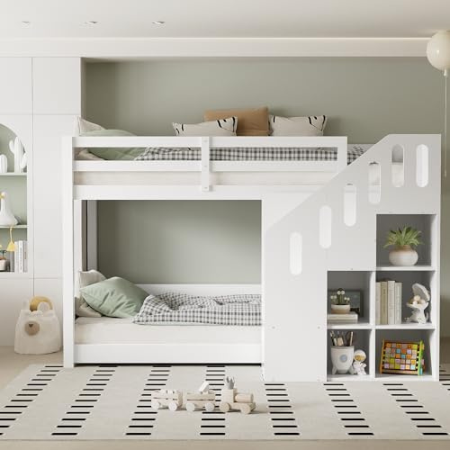 Merax Etagenbett 90x200cm, Kinderbett mit Regal & Sicherheitsleiter, multifunktionales Hochbett mit Stauraum, für Jungen, Mädchen, Weiß (Ohne Matratze)