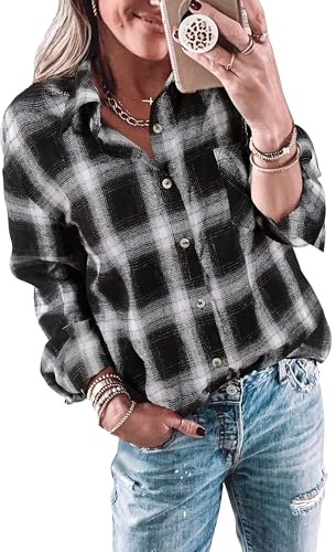 Imily Bela blus damer rutig lång blus casual långärmad skjorta flanellskjorta rutig skjorta knappar långärmade toppar., Svart vit, XL